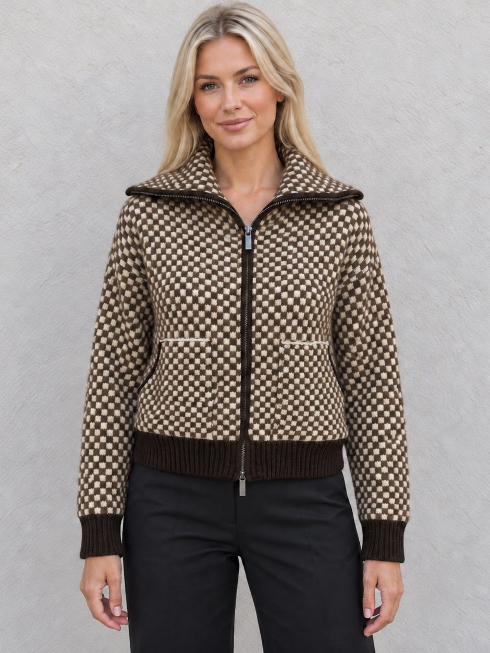 By Ocean Design Brown Cream Checkerboard Cropped Zip-Up Knit Cardigan Sweater